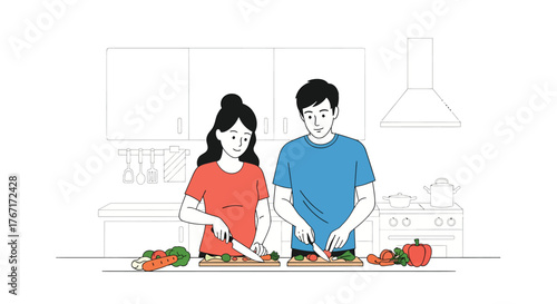 Couple preparing fresh vegetables together in modern kitchen, chopping ingredients for healthy meal with love and care.