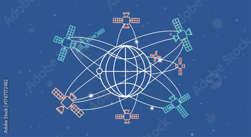 Satellites orbiting earth providing global positioning system signals in space, enabling navigation and communication worldwide.