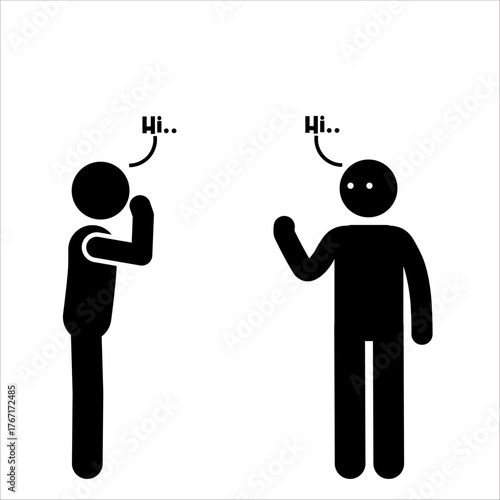 Stick figure people greeting each other happily.
