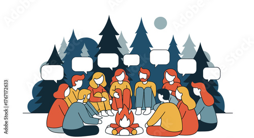 Group of diverse people sitting around campfire in forest sharing stories and ideas during team building exercise, creating sense of community and connection.