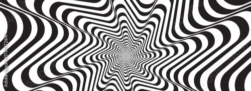 Hypnotic spirals background. Radial optical illusion. Black and white swirl tunnel wallpaper. Horizontal spinning concentric curves. Vortex or whirlpool design for poster, banner, flyer.Vector