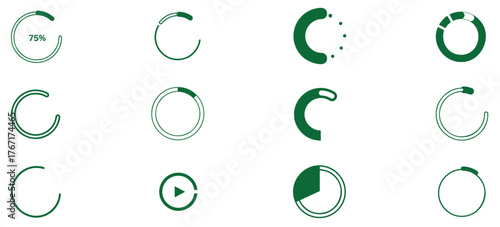 Collection of green loading icons isolated on white background depicting progress indicators for software, applications, and websites with different styles and shapes