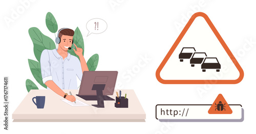 Man at desk with headset solving user complaints, traffic congestion warning, and website malware alert. Ideal for tech support, troubleshooting, cybersecurity, problem-solving, IT issues, online