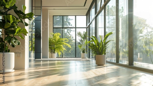 Modern Minimalist Indoor Space with Sunlight, Glass Windows, and Green Plants
