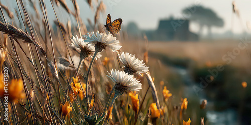 Butterfly Perched on White Wildflowers in a Sunlit Rustic Field Landscape