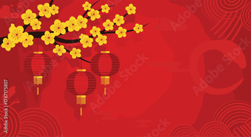 Vibrant red background celebrating Lunar New Year, featuring delicate yellow cherry blossom branches and three hanging red lanterns, symbolizing prosperity.