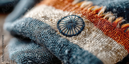 Macro Detail of Rustic Indian Flag Patch with Embroidered Chakra and Frayed Edges