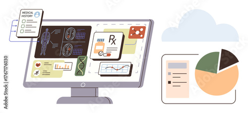 Computer screen with medical reports, patient diagnostics, prescriptions, data charts, genome details, and analytics. Ideal for healthcare technology, telemedicine, digital records data management