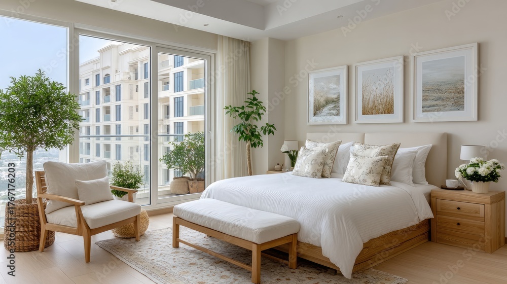 Fototapeta premium Serene Luxury Bedroom Interior With Pastel Accents And City Views Illuminated By Natural Light