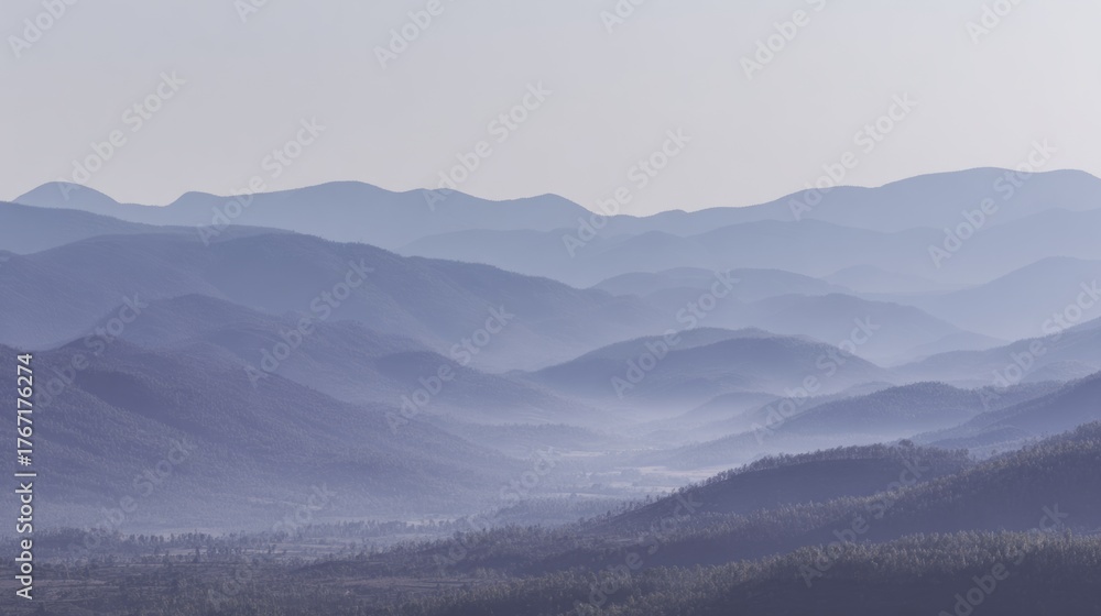 Naklejka premium concentric. Mountain valley with concentric air ripples, misty natural landscape. travel magazines, destination branding, designed for travel destination branding, inspires travel planning.