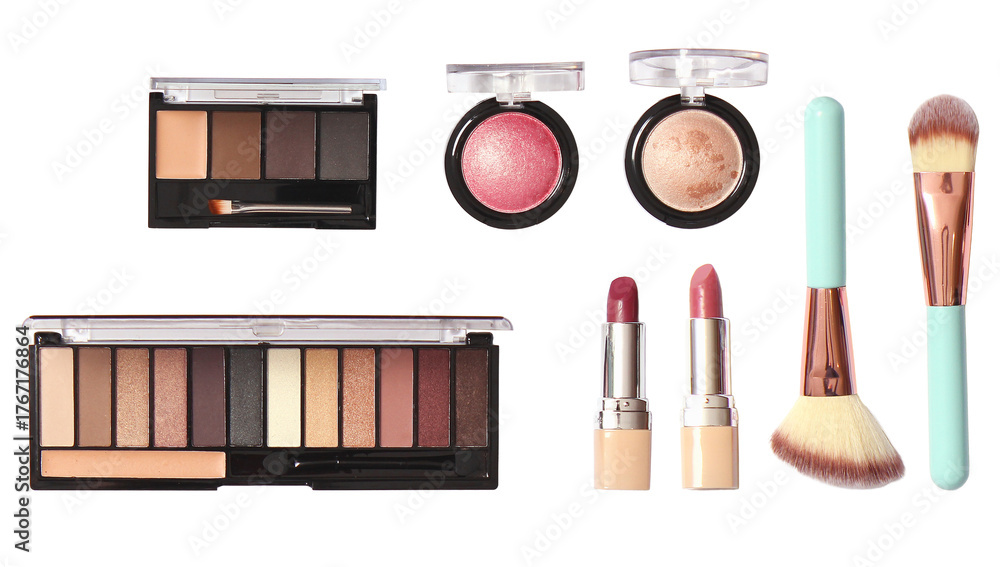 Obraz neatly arranged collection of essential beauty and makeup products displayed horizontally, including palettes, brushes, and lipsticks, isolated studio shot.
