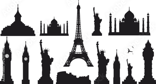 World landmarks silhouettes, Statue of Liberty, Eiffel Tower, Taj Mahal, Big Ben, global monuments, cultural heritage, iconic architecture, travel design, illustration