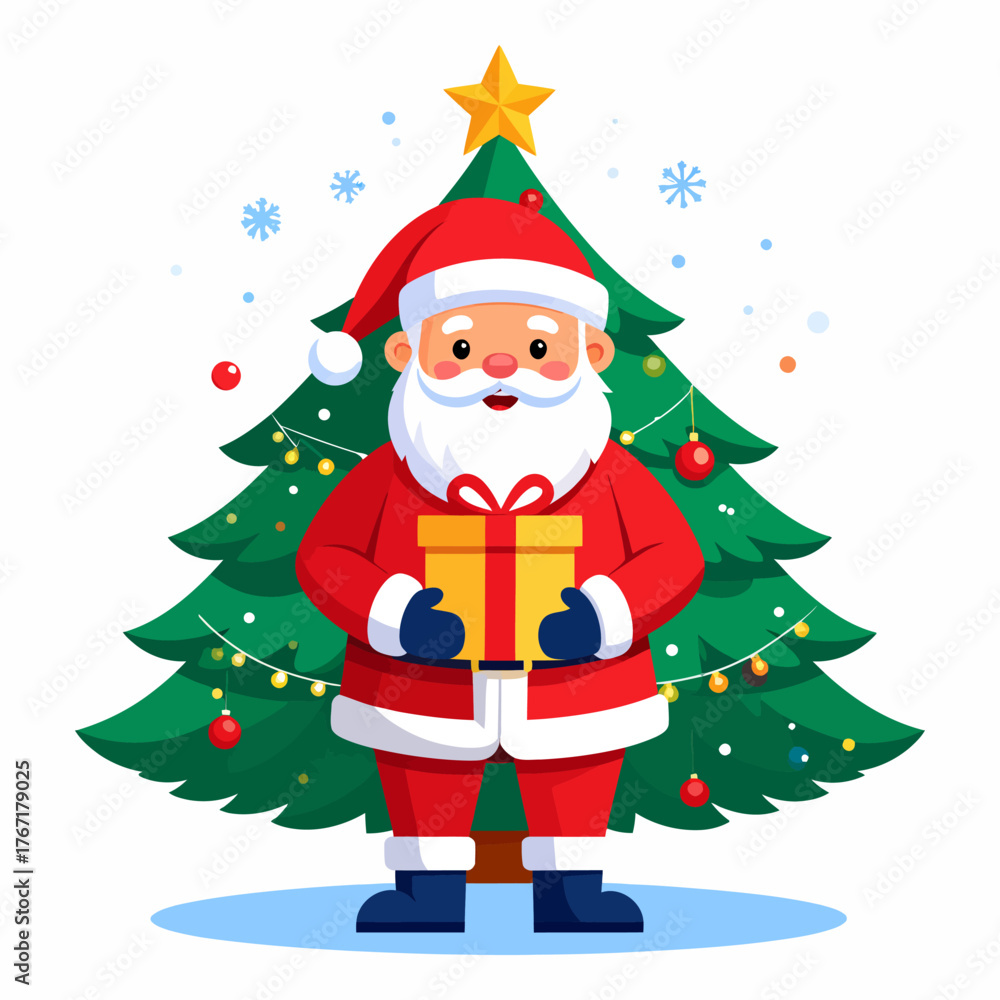 Fototapeta premium Santa Claus with Christmas Tree and Gift Illustration