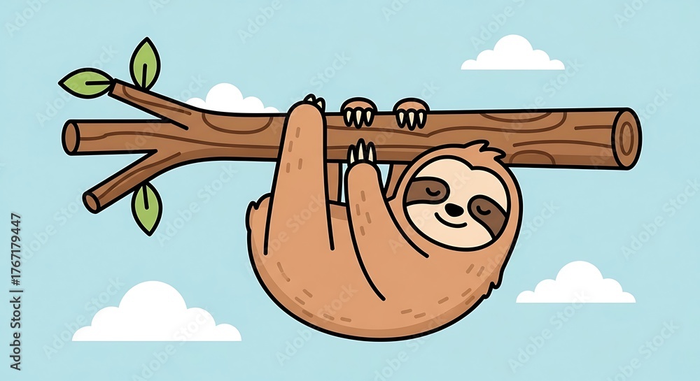 Naklejka premium Sloth Hanging Tree Branch with Sky.