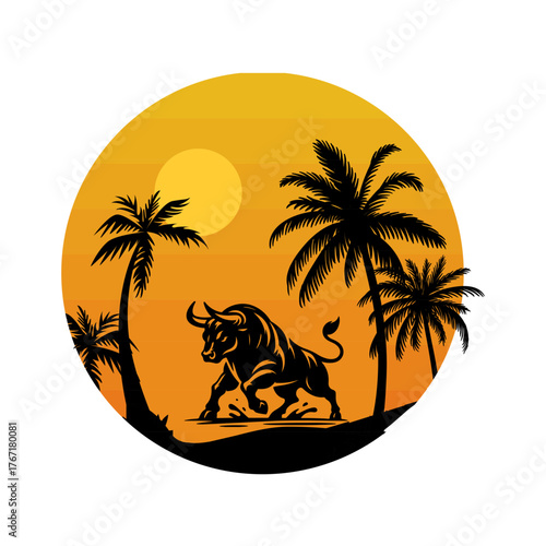 Silhouette of a muscular bull on a tropical beach at sunset, surrounded by palm trees in a circular design