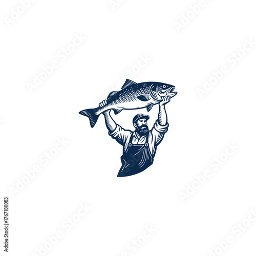 Strong vintage engraving illustration of a bearded fisherman holding up a large freshly caught fish overhead