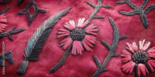 Close-up of Traditional Indian Zari Embroidery with Pink Flower and Silver Feather on Magenta Silk Fabric
