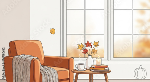 Autumn relaxation scene with hot drink and decorative pumpkin illustration