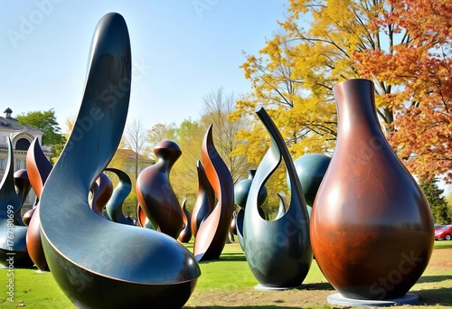 Abstract bronze sculptures arranged outdoors in Romania,  public art,   aesthetic