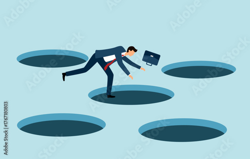 Businessman fall into a pitfall hole trap. Business problem.