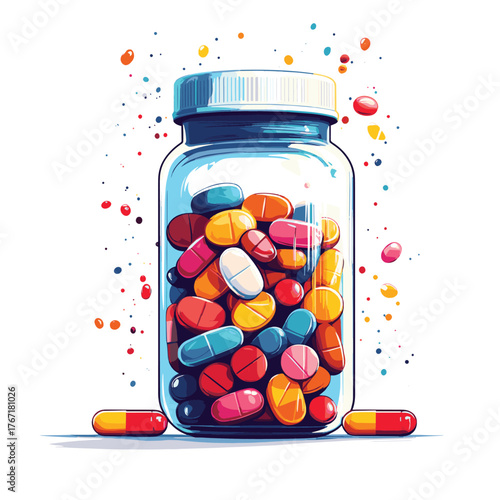 Medical Pills on White Background - Pharmaceutical Medication Concept   , vector style simple color