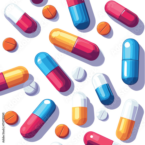 Medical Pills on White Background - Pharmaceutical Medication Concept   , vector style simple color
