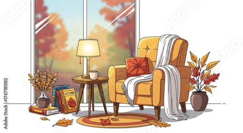Autumn vibes interior design with chair and window view vector illustration