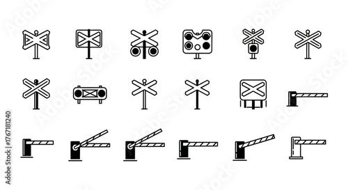 Collection of various railroad crossing signs and gates on a white background