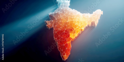 Digital Art of Glowing Wireframe Map of India Showing Network and Data Connectivity