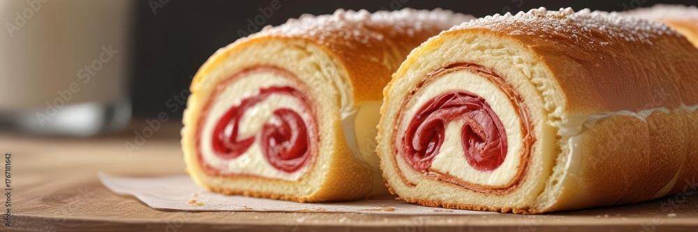 Fototapeta premium Close-up of several delicious cream-filled Swiss roll slices , pastry, background