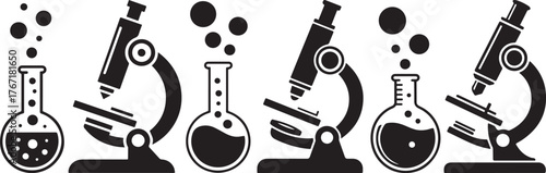 Science laboratory equipment silhouette set with microscope and chemical flasks in black and white vector style, perfect for education, research, biology, chemistry, and medical illustration projects