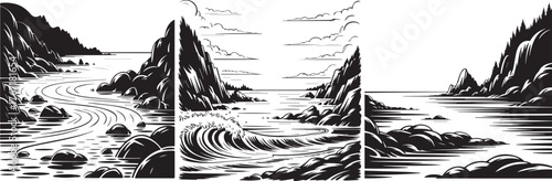 Black and white ocean landscape illustration with rocky cliffs, sea waves, and dramatic coastal scenery, perfect for wall art, print design, tattoo inspiration, and nature-themed decorative projects