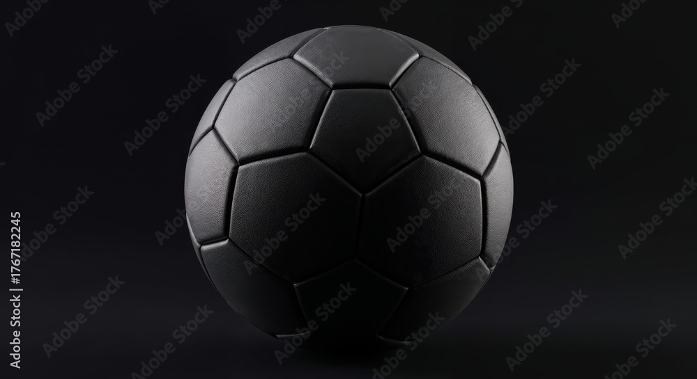Fototapeta premium The Football's Dark Elegance: A black football stands as a symbol of precision and power against a stark black background. It is a world of sports and design.