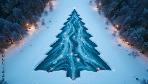 Aerial view of a christmas tree formed by snowcovered ground and lights in a winter forest at night