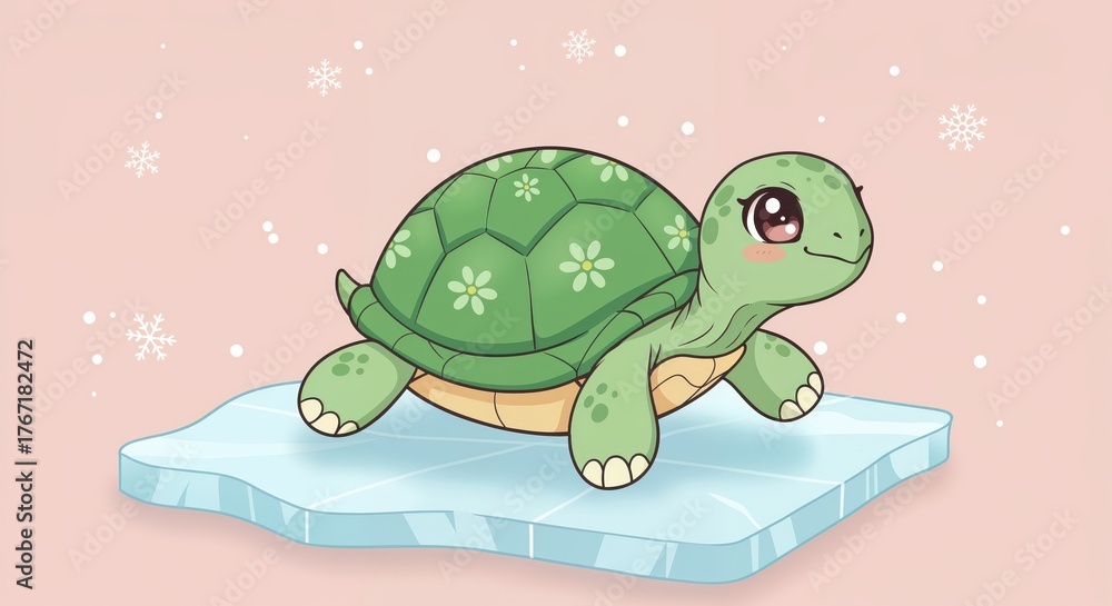 Obraz premium Turtle on ice: A charming cartoon turtle stands proudly on a floating piece of ice, surrounded by snowflakes, perfect for educational content, conveying a sense of adventure and resilience.