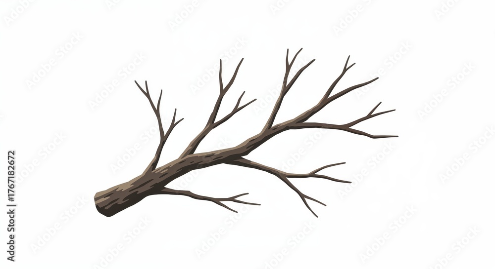 Obraz premium Bare Branch's Quiet Elegance: A solitary, textured branch reaching out in a state of simplicity. A minimalist image shows the beauty of its natural curves and the intricate patterns of its bark.