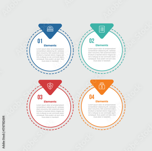 4 elements infographic comparison diagram with big circle and round triangle badge on top with 4 step for slide presentation