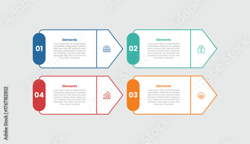 4 elements infographic comparison diagram with arrow box container with round rectangle badge on side with 4 step for slide presentation