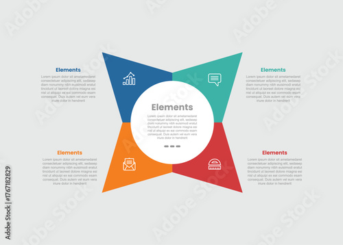 4 elements infographic comparison diagram with tilt star shuriken with big circle center and sharp edge with 4 step for slide presentation