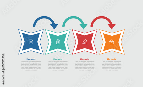 4 elements infographic comparison diagram with tilt star with round arrow pointer on top with 4 step for slide presentation