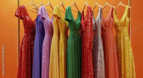 Dazzling Dresses Display: A vibrant assortment of elegant dresses hang on a rack, showcasing a spectrum of colors and styles, perfect for special occasions.