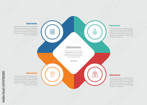 4 elements infographic comparison diagram with rhombus diamond shape with circle badge side on quadrant structure with 4 step for slide presentation