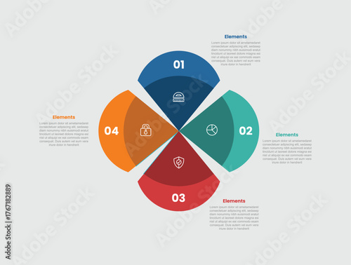 4 elements infographic comparison diagram with flowers petals shape with shadow center and round edge with 4 step for slide presentation