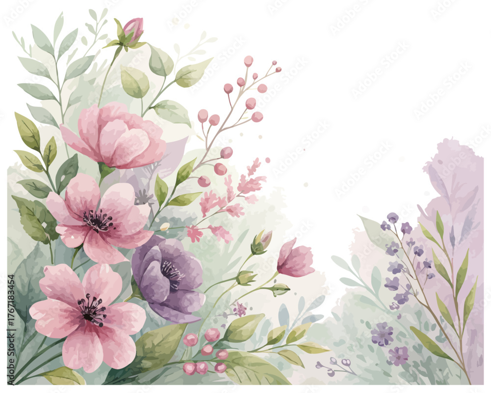 Fototapeta premium Pastel Watercolor Floral Background for Invitations isolated on white background