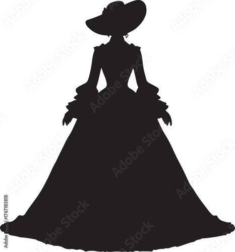 Silhouette of a woman in a large dress and wide-brimmed hat, characteristic of 1800s Dutch fashion, evoking a sense of historical elegance.