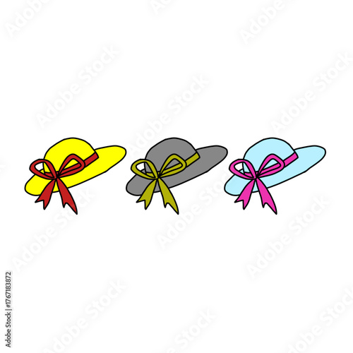 Three Colored Sun Hats with Ribbons