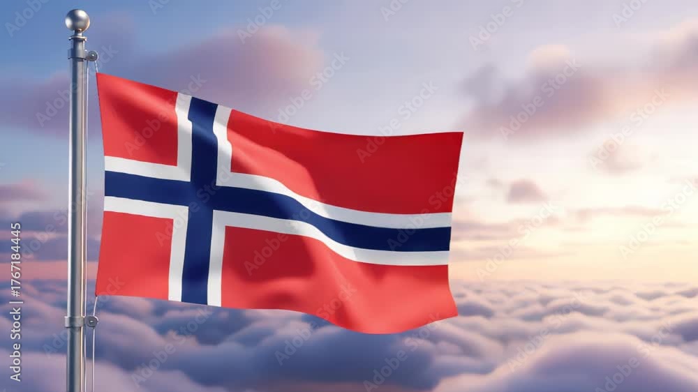 National flag of bouvet island nation waving on the wind with a beautiful sunset on the background, banner of the country