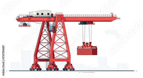 Large red gantry crane with a lifting hook against a white background