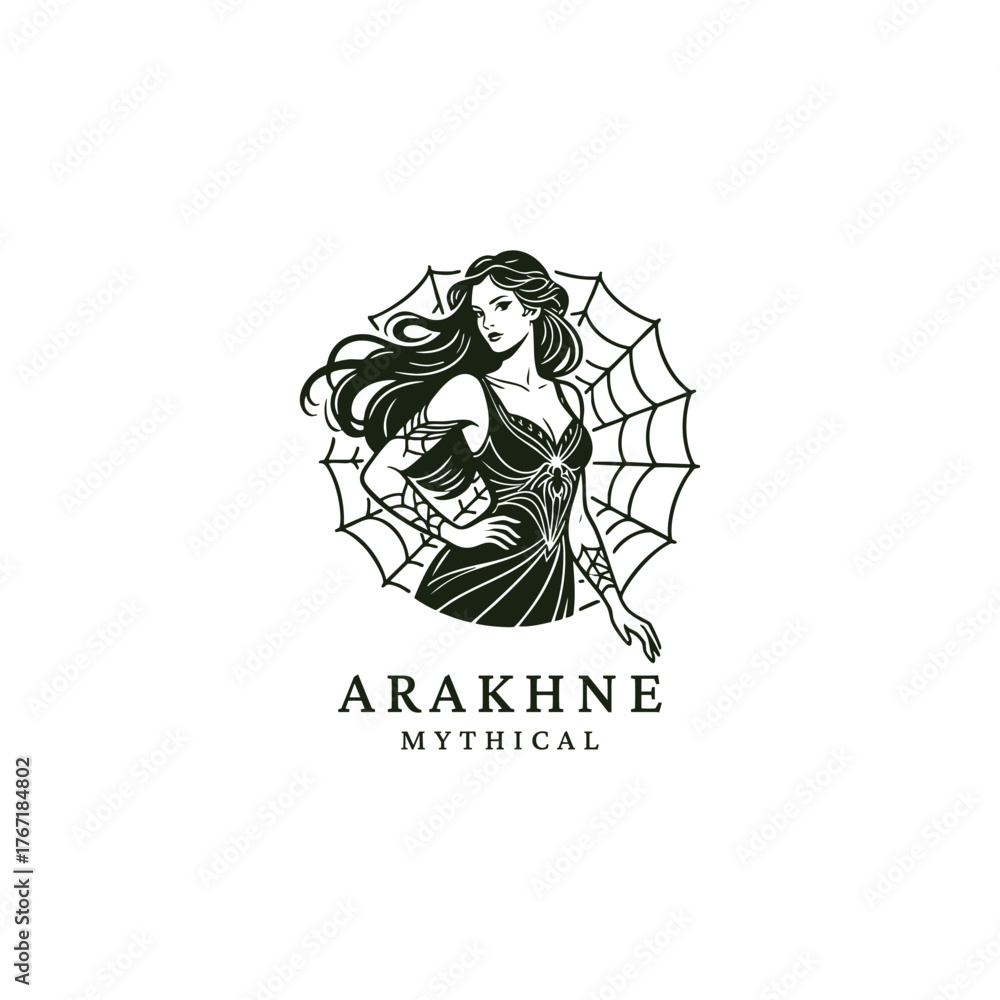 Fototapeta premium Mythological Arachne illustration, featuring an elegant woman (often associated with a spider) with flowing hair standing against a spider web backdrop