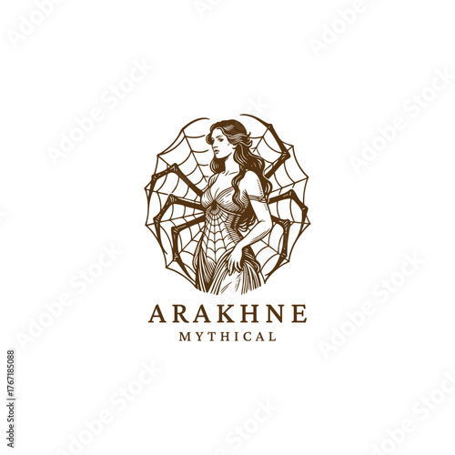 Mythological Arachne illustration, featuring an elegant woman (often associated with a spider) with flowing hair standing against a spider web backdrop